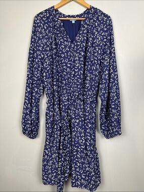 DRAPER JAMES rayon long sleeved BoHo dress floral navy blue white balloon sleeve
